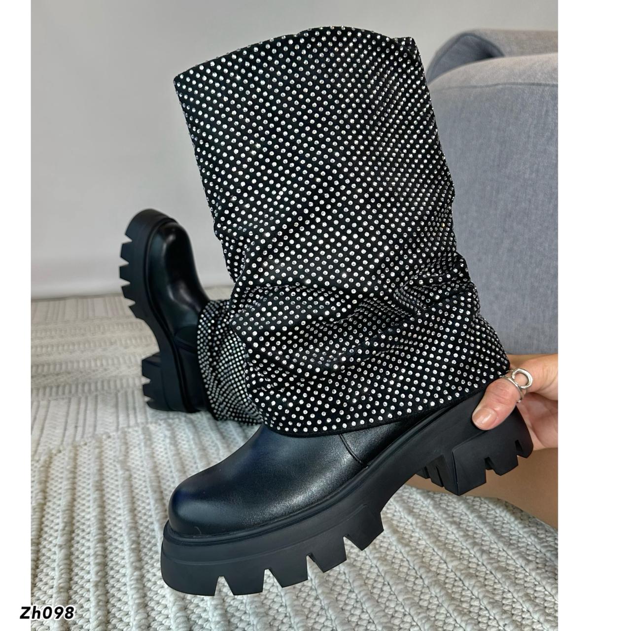 Bota caña media negro doblez apliques brillantes suela 6cm  255-114
