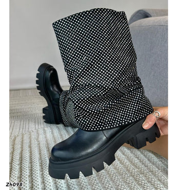 Bota caña media negro doblez apliques brillantes suela 6cm  255-114