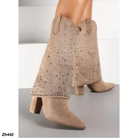 Bota texana beige doblez apliques plateado brillantes tacon 10cm  HX3079-B0137