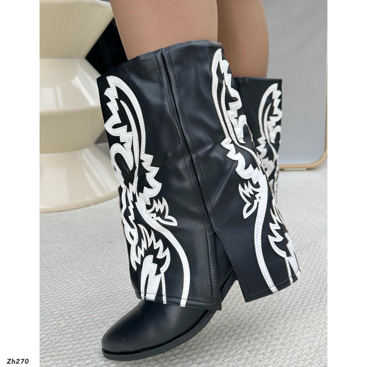 Botin texano negro doblez detalles blanco tacon 6cm