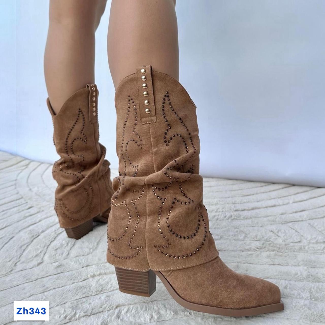 Bota texana cafe doblez apliques dorado tacon 8cm  A9982  C-122