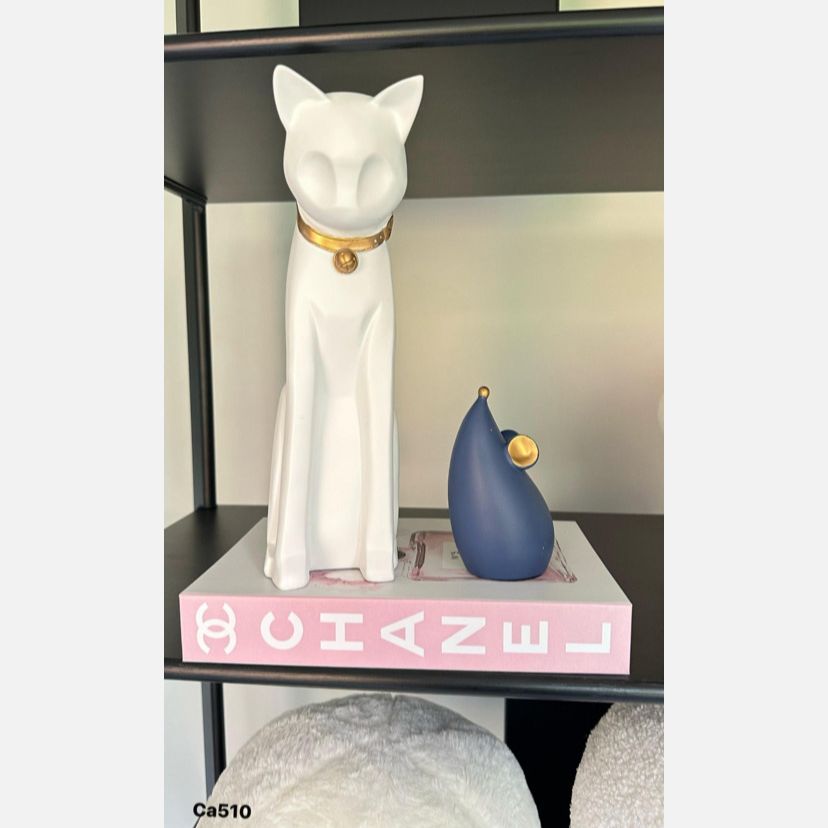 Set gato blanco y raton azul detalle dorado  12cm* 10cm* 30cm  -  8cm* 7cm* 13,5cm