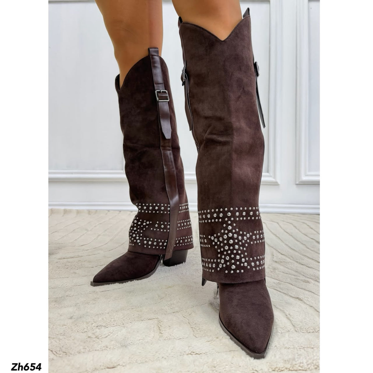 Bota texana café doblez apliques plateado tacon 8cm   HX3198-B0204