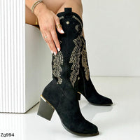 Bota texana negro apliques dorado tacon 6cm  1986-19  C-40