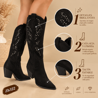 Bota texana negro apliques plateado tacon 8cm  M-831  C-125