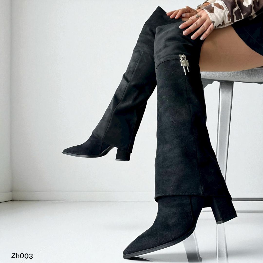 Bota caña alta negro doblez detalle plateado tacon 8cm   HX3076-B9422