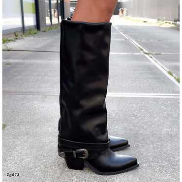 Bota texana caña alta negro doblez correa tacon  8cm  7655A  C-13