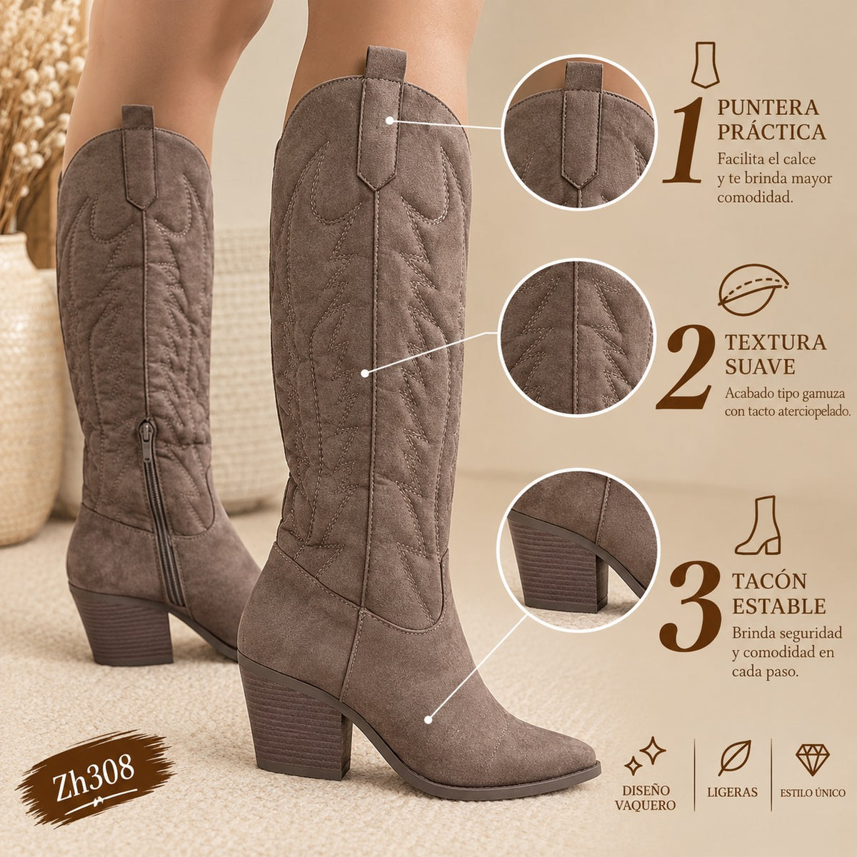 Bota texana beige oscuro tacon 7cm  J37  C-100
