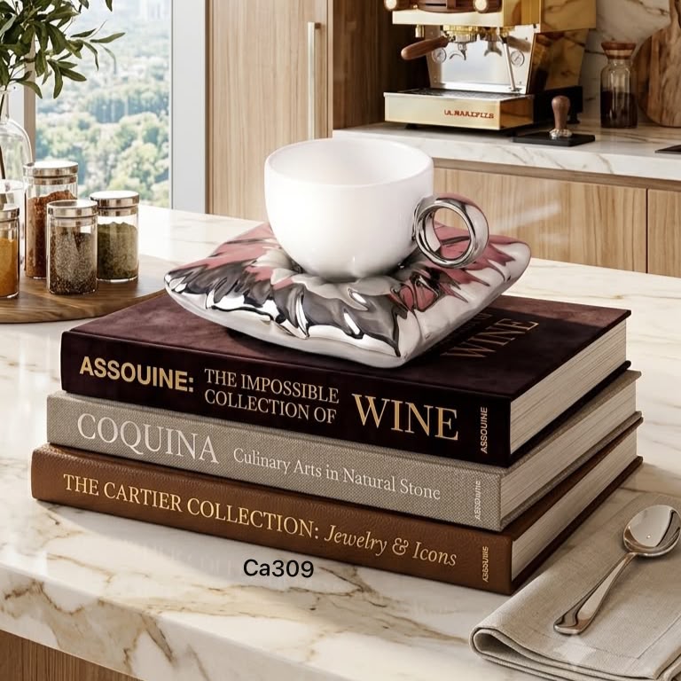 Taza plato cojin plateado-blanco ceramica  220ml