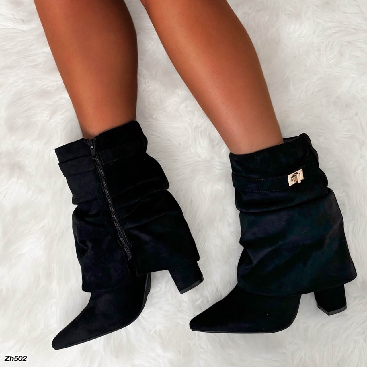 Botin negro doblez detalle dorado tacon 9cm 7666A   C-163