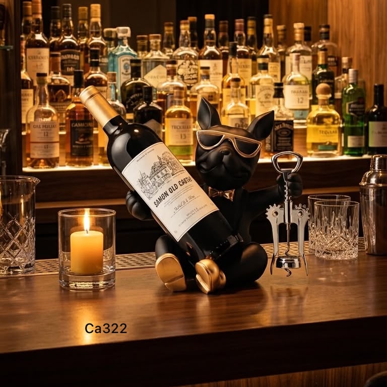 Articulo decorativo porta vino perro negro sentado  23cm* 18cm* 24cm