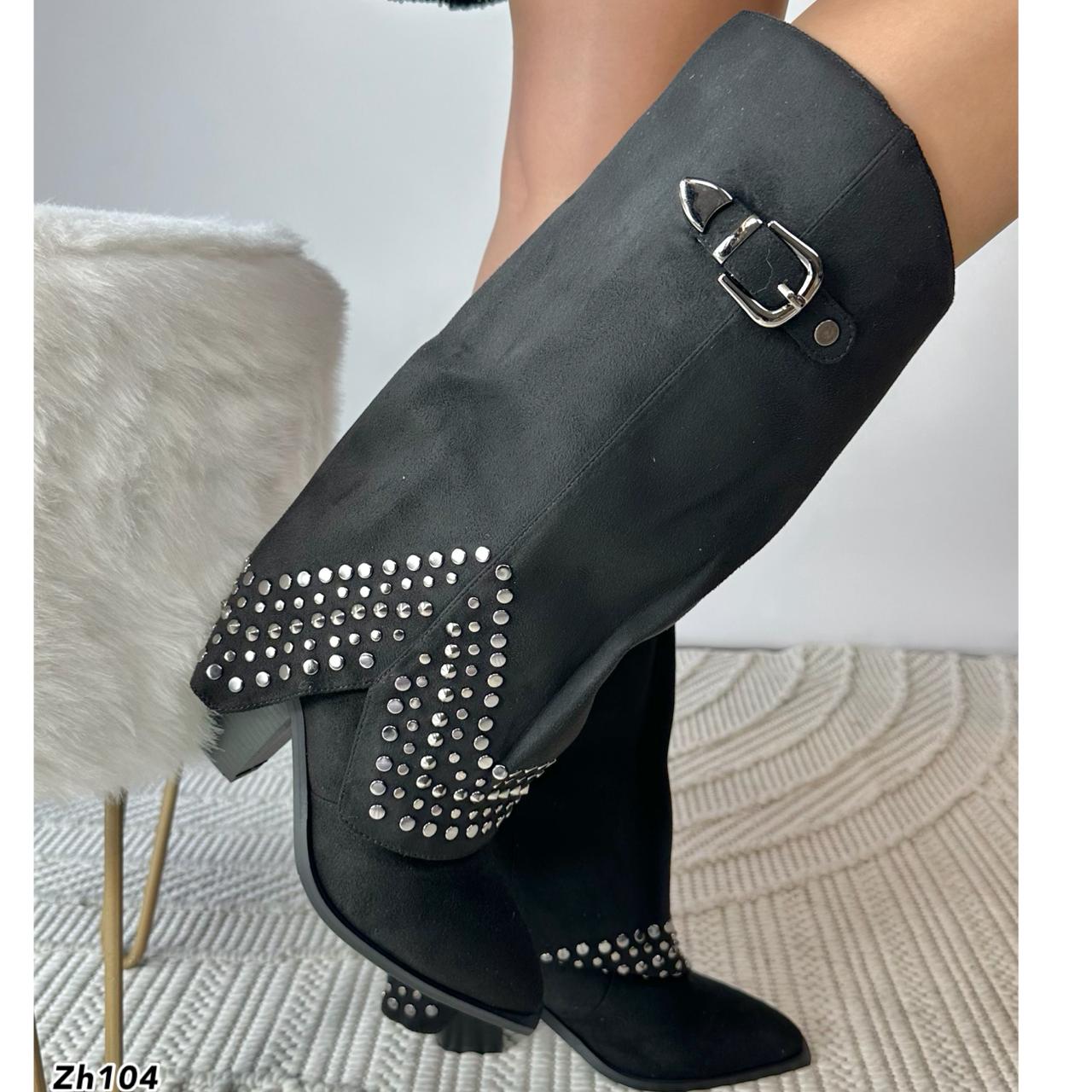 Bota texana negro doblez apliques plomo tacon 9cm  255-040