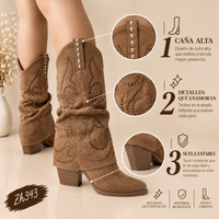 Bota texana cafe doblez apliques dorado tacon 8cm  A9982  C-122