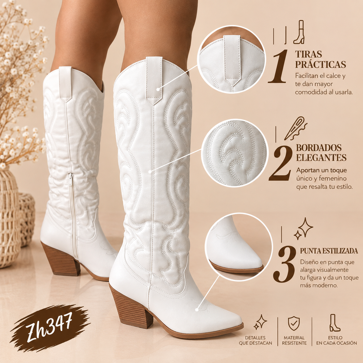 Bota texana blanco tacon 7cm  U8B-X20581-18  C-110