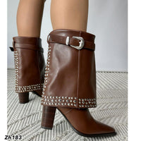 Botin café doblez apliques plateado tacon 9cm  HX3077-C1072