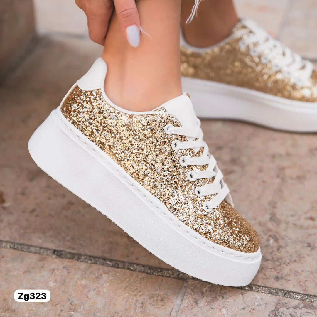 Tenis blanco apliques dorado suela 5cm  9290  C-36
