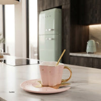Taza plato luna rosado detalles dorado 120ml
