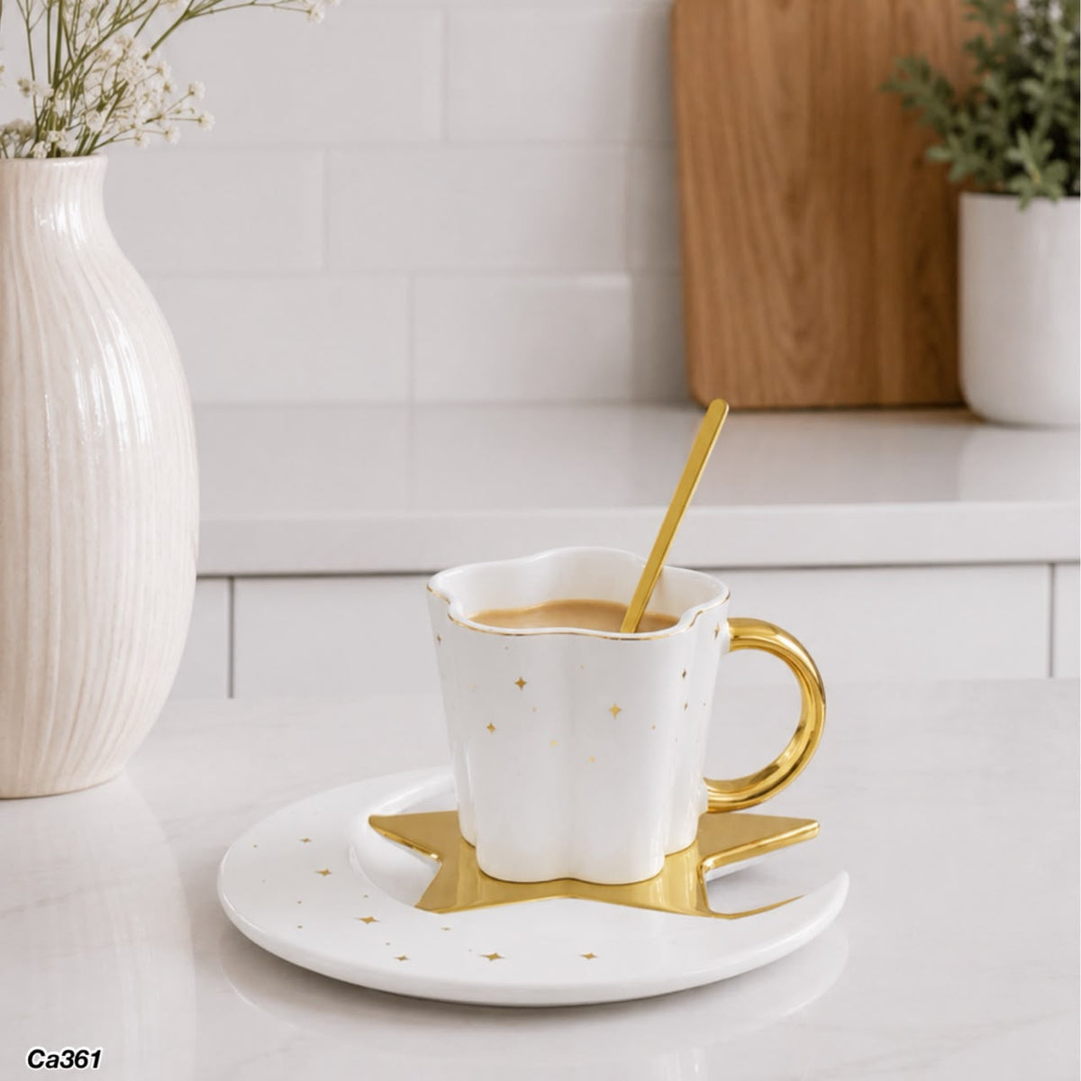 Taza plato luna blanco  detalles dorado 120ml