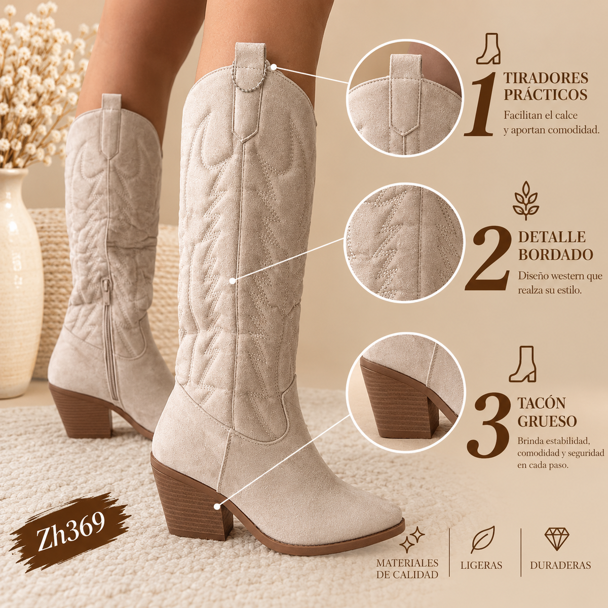 Bota texana beige tacon 7cm  J37  C-108
