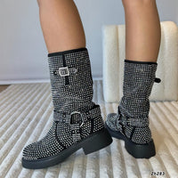 Botin negro apliques y hebilla plateado suela  4cm   HX3113-9478