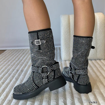 Botin negro apliques y hebilla plateado suela  4cm   HX3113-9478