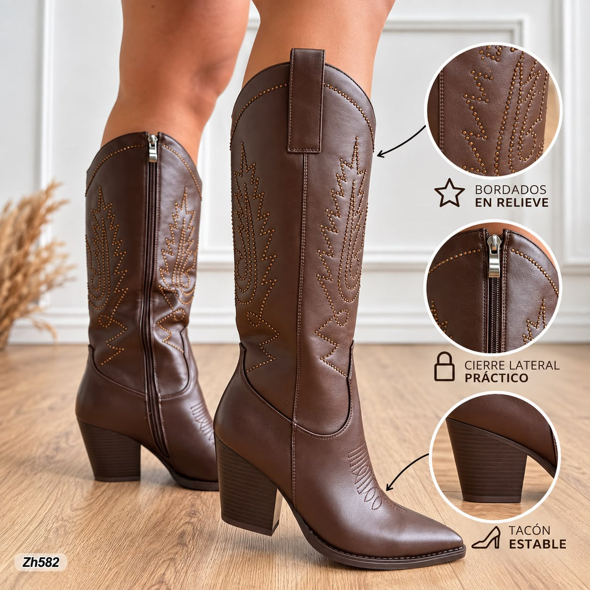 Bota texana café apliques brillante tacon 9cm  HX3212-C1767