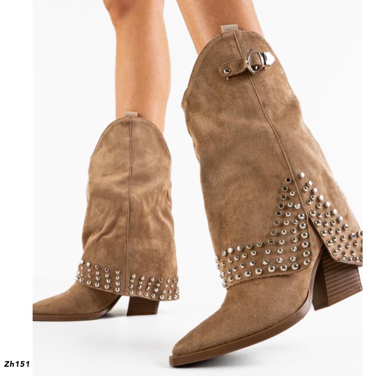 Bota texana café doblez apliques plateado tacon 7cm  RXJ-283  C-75