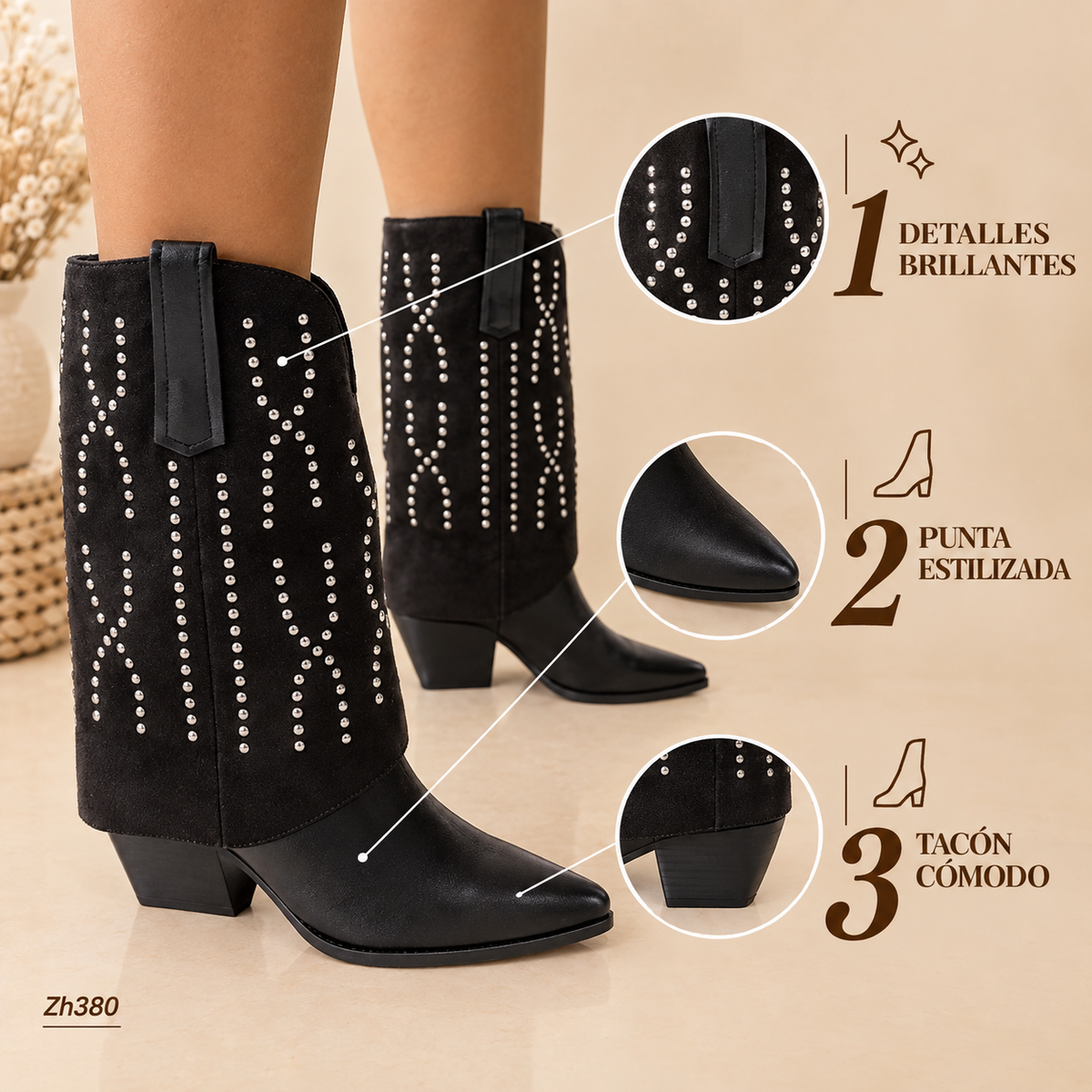 Bota texana negro doblez apliques plateado tacon 8cm  HX3108-C1297