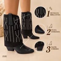 Bota texana negro doblez apliques plateado tacon 8cm  HX3108-C1297