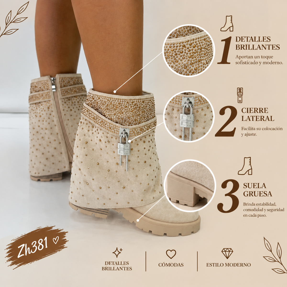Botin beige doblez apliques dorado brillantes suela 4cm  HX3202-B9663
