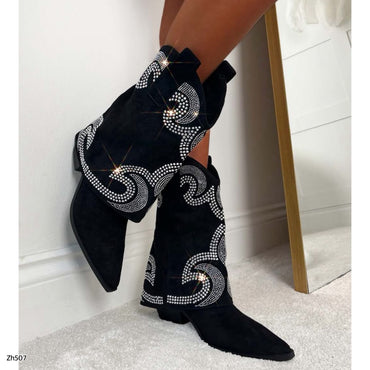Bota texana negro doblez apliques plateado brillantes tacon 8cm  A9589   C-160