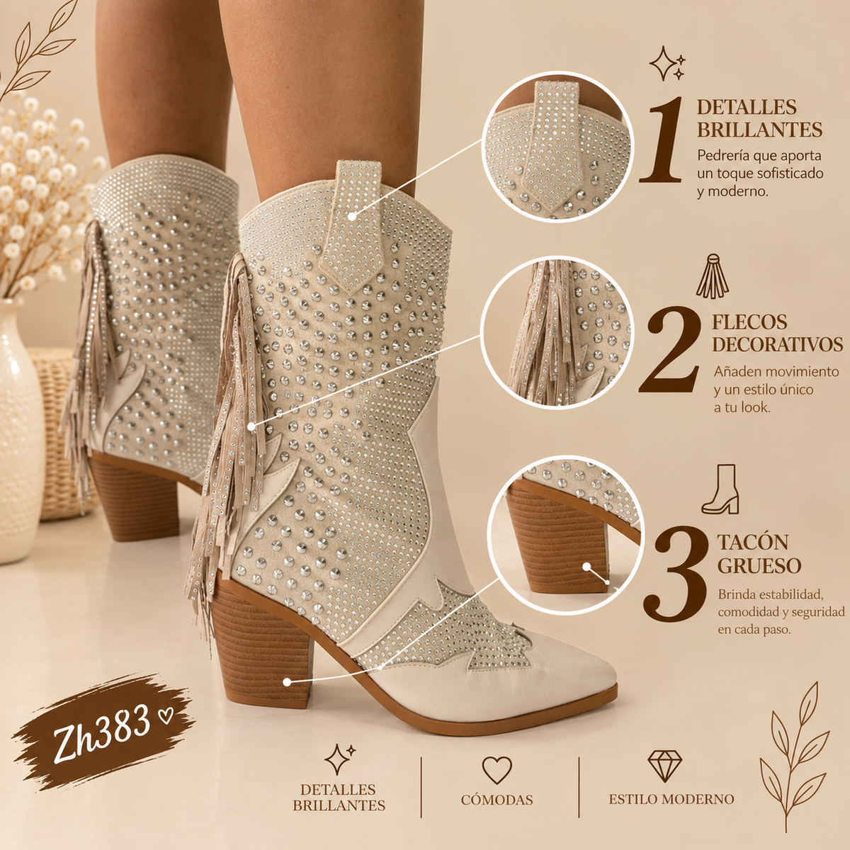 Botin texano beige detalle flecos apliques plateados brillante tacon 8cm  HX3191-C1288