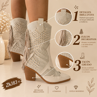 Botin texano beige detalle flecos apliques plateados brillante tacon 8cm  HX3191-C1288