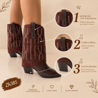 Bota texana cafe doblez apliques plateado tacon 8cm  HX3108-C129  7