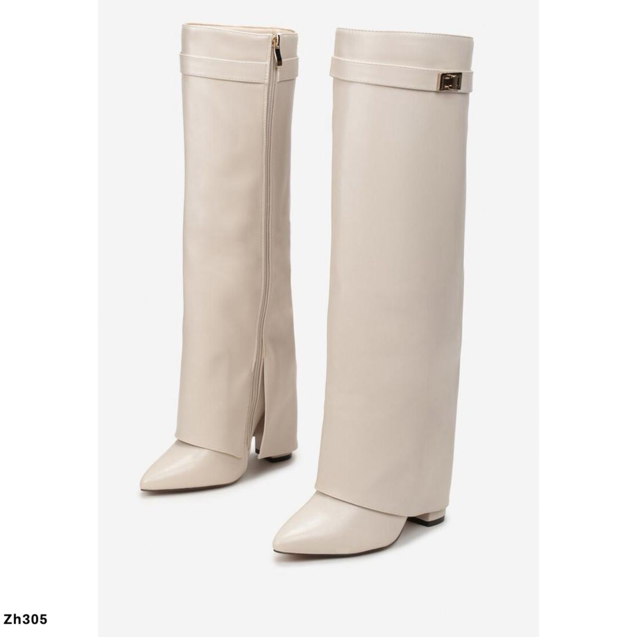 Bota caña alta beige doblez detalle dorado tacon 10cm  SM569  C-99