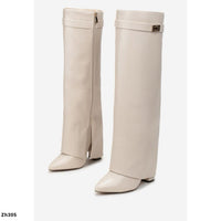 Bota caña alta beige doblez detalle dorado tacon 10cm  SM569  C-99