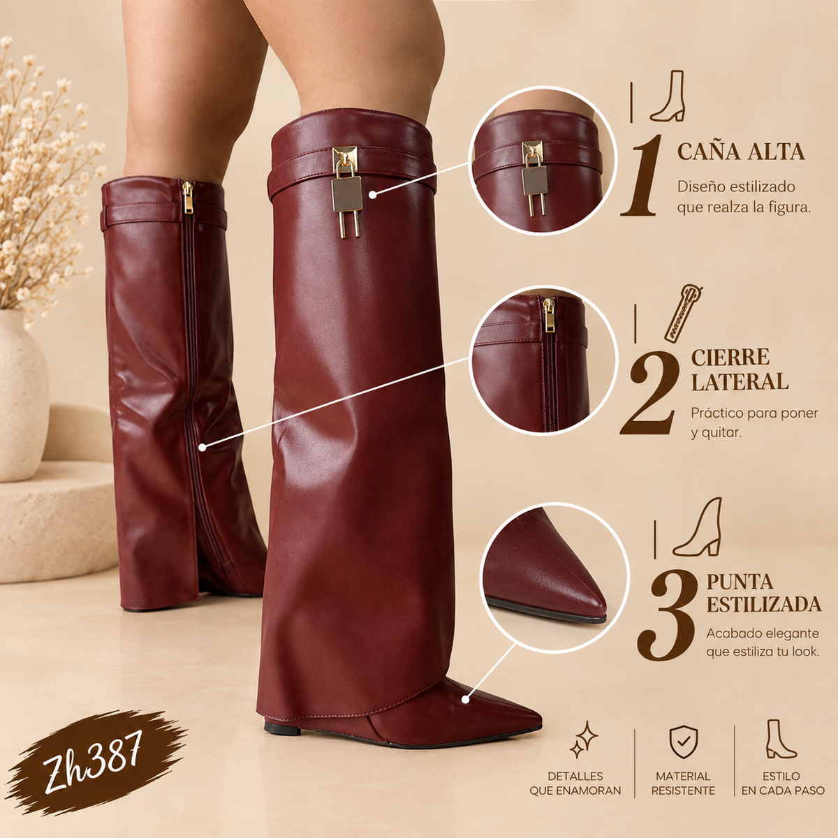 Bota caña alta vino tinto doblez detalle dorado tacon corrido 10cm   52166  C-132