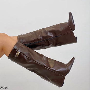 Bota caña alta café doblez detalle dorado tacon 10cm  2P9B-X9154-01  C-136