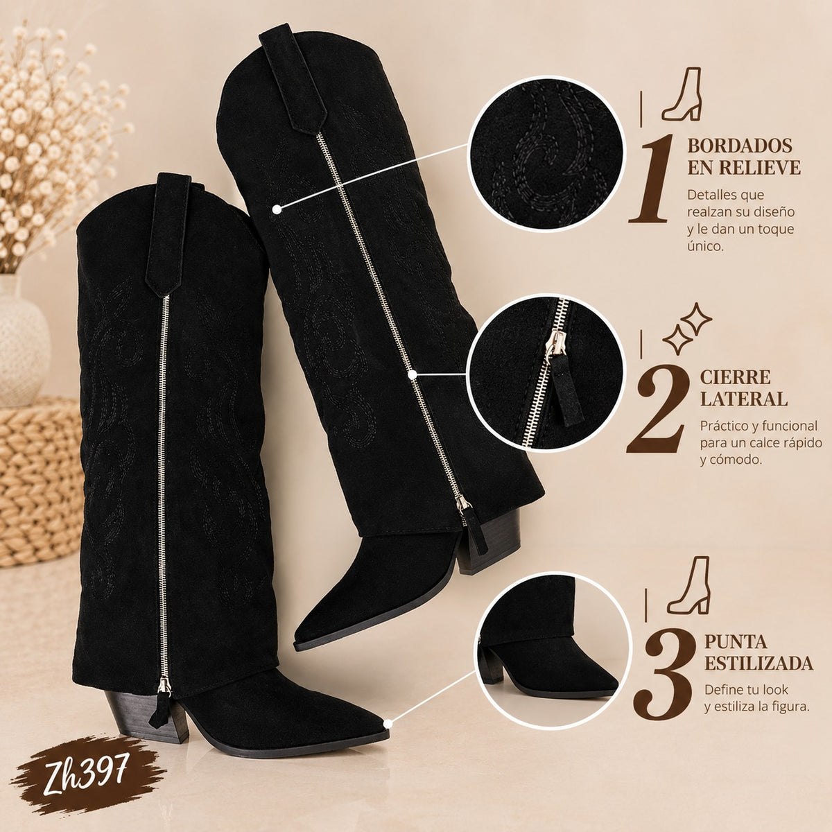 Bota texana negro doblez detalle cierre dorado tacon 7cm   2P8D-X1414-10  C-134