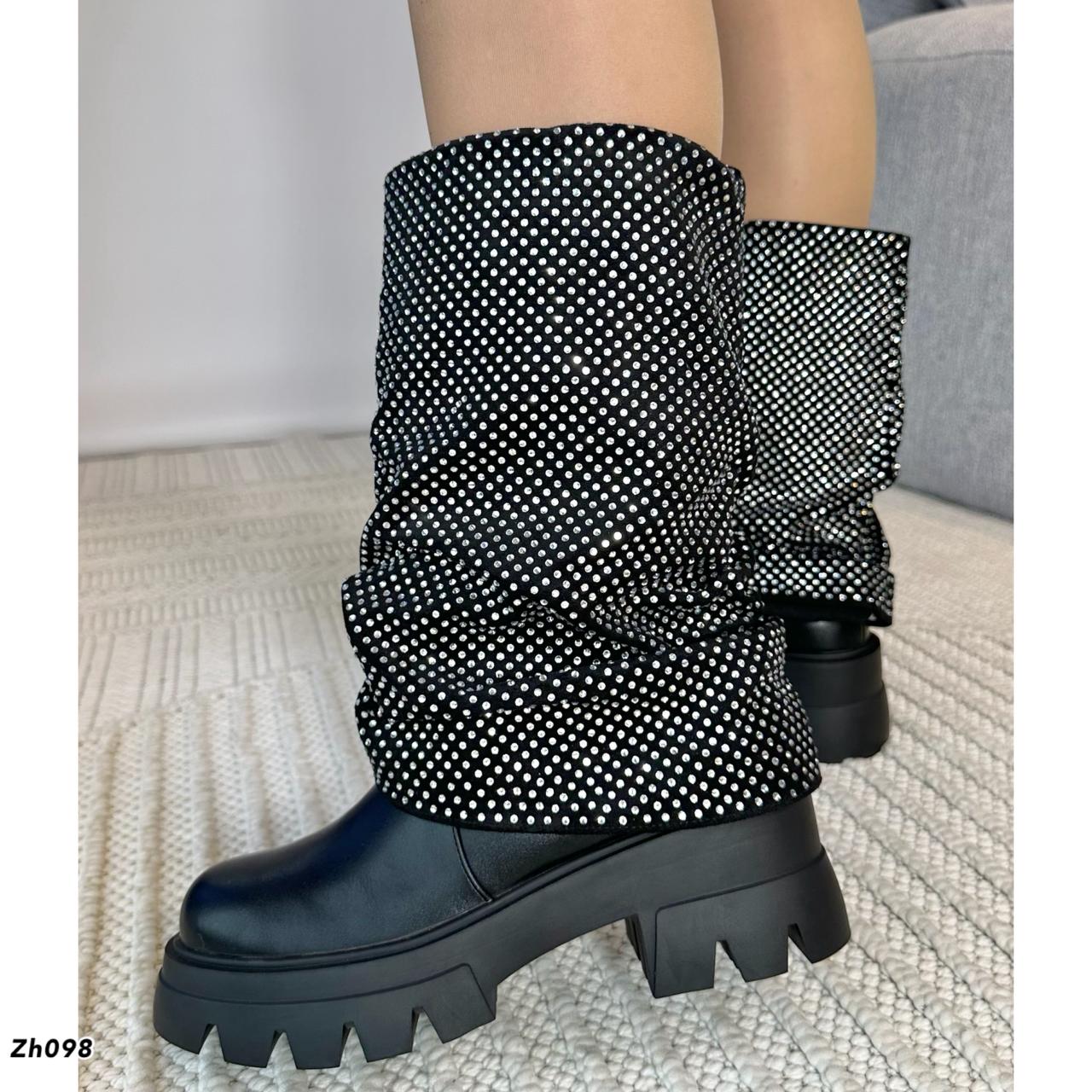 Bota caña media negro doblez apliques brillantes suela 6cm  255-114