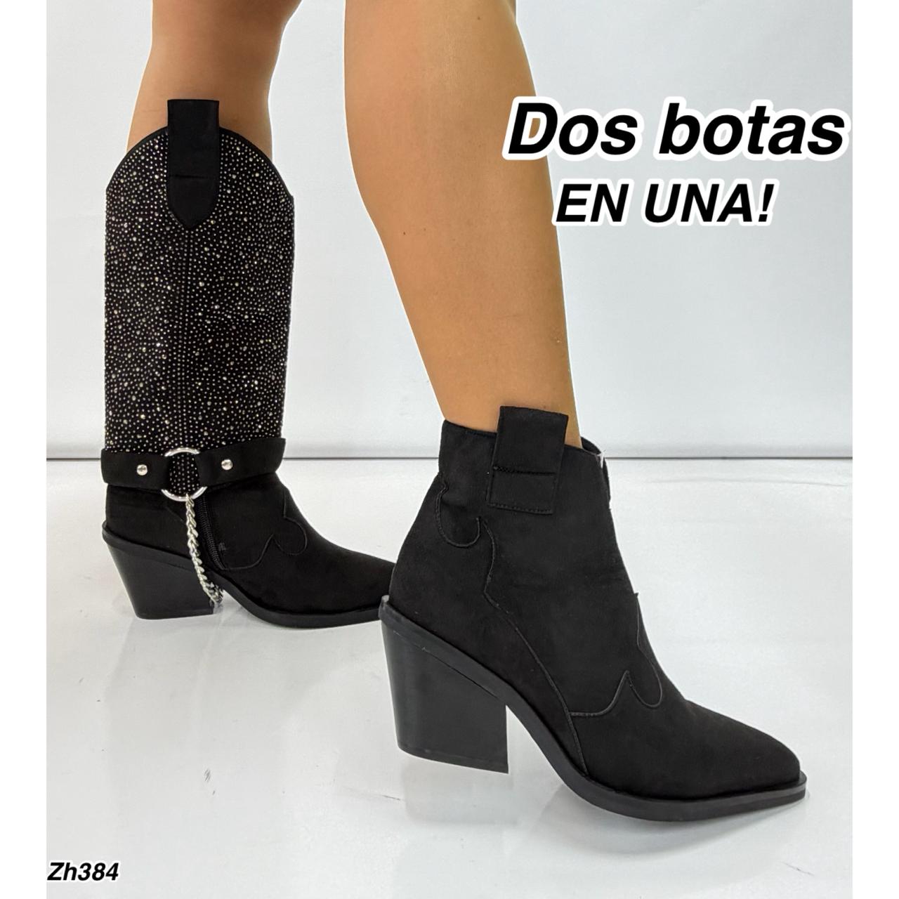 Bota texana negro doblez apliques brillantes hebilla y cadena plateado tacon 8cm  HX3213-C1343