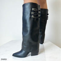 Bota caña alta negro doblez detalles plateado tacon 8cm  255-097