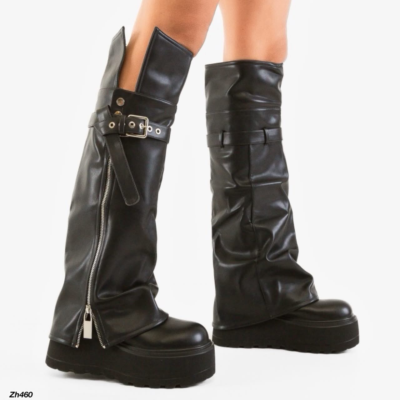 Bota caña alta negro doblez detalle correa y cierre plateado plataforma 8cm  K30  C-149
