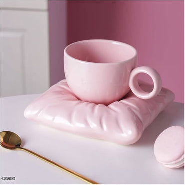 Taza plato cojin rosado ceramica   220ml