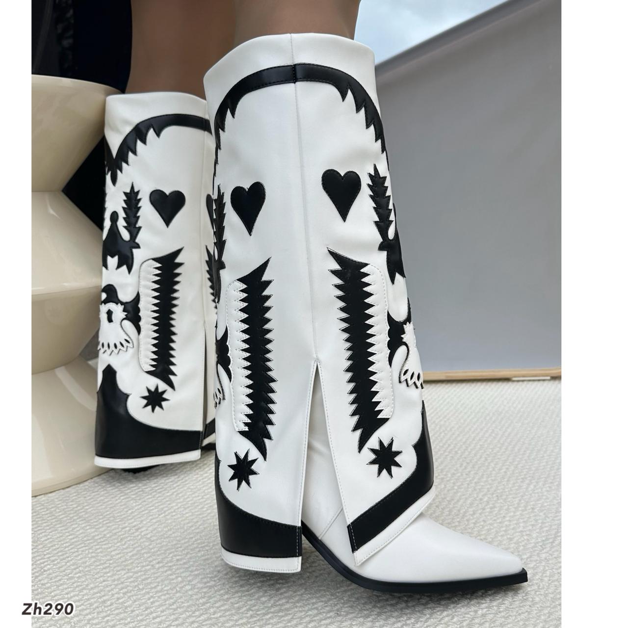 Bota texana blanco doblez detalles negro tacon 8cm  HX3198-C1300