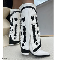 Bota texana blanco doblez detalles negro tacon 8cm  HX3198-C1300