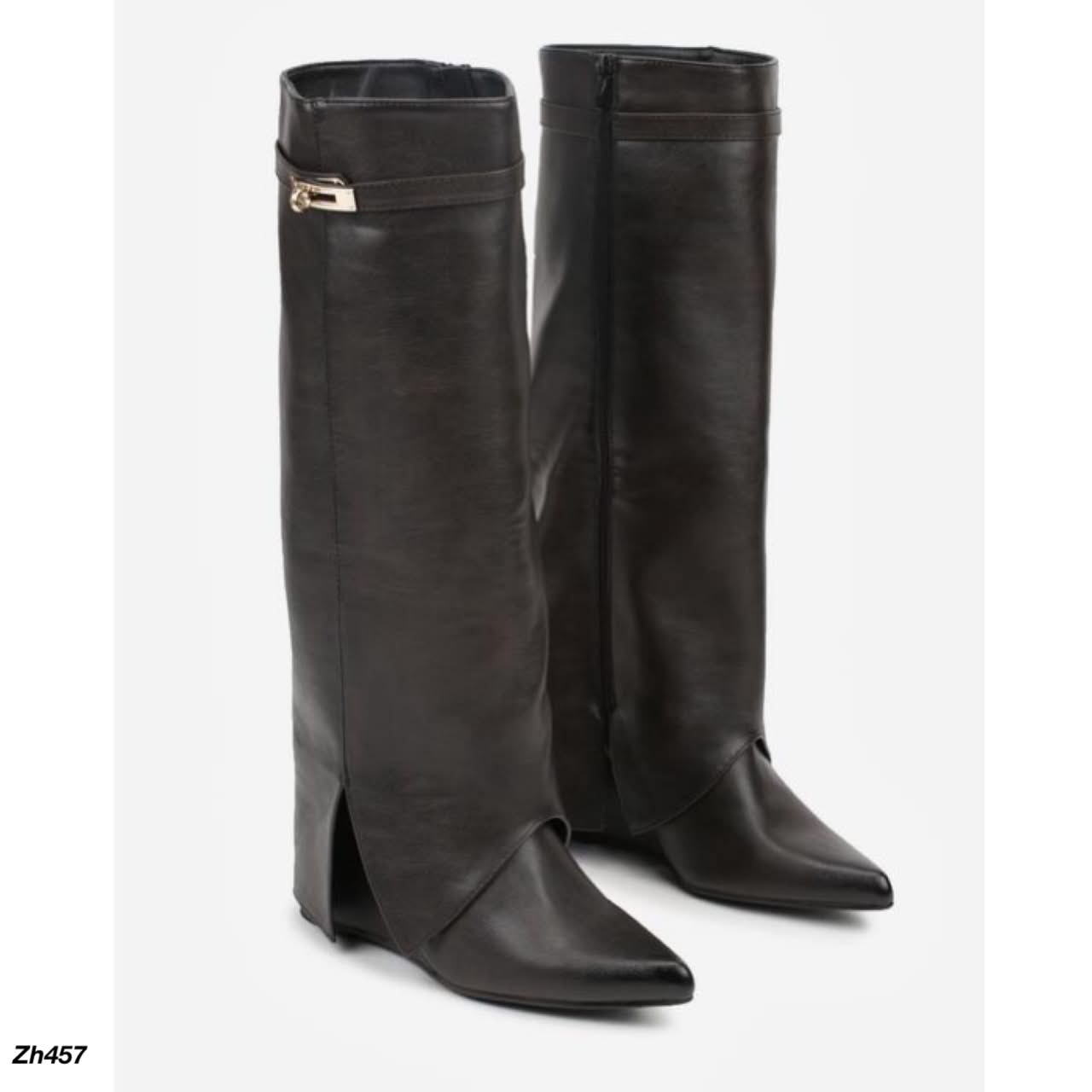 Bota caña alta café doblez detalle dorado tacon corrido 8cm  AC8B-X24229-17  C-147