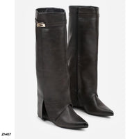 Bota caña alta café doblez detalle dorado tacon corrido 8cm  AC8B-X24229-17  C-147