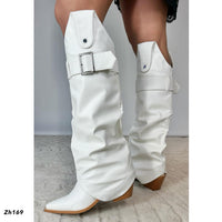 Bota texana blanco doblez detalle correa tacon 7cm  255-049
