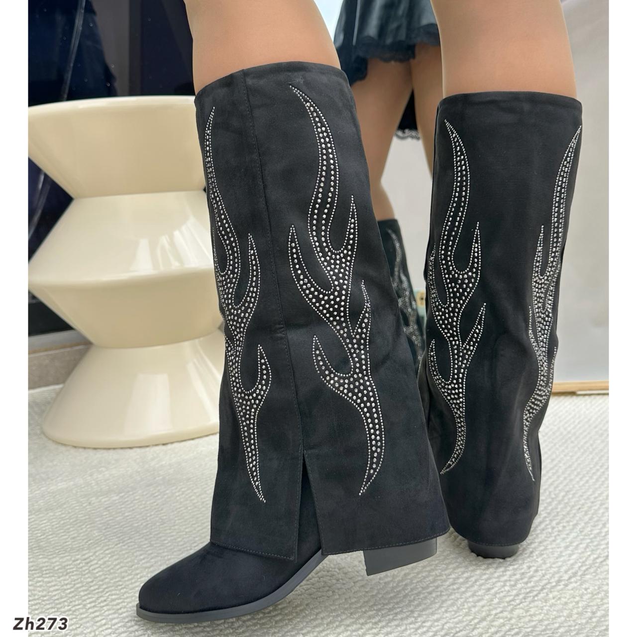 Bota texana negro doblez apliques plateado tacon 6cm  255-075